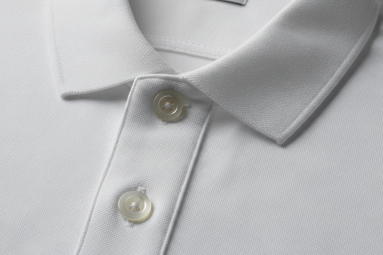 Close-up of a light gray polo shirt with buttons