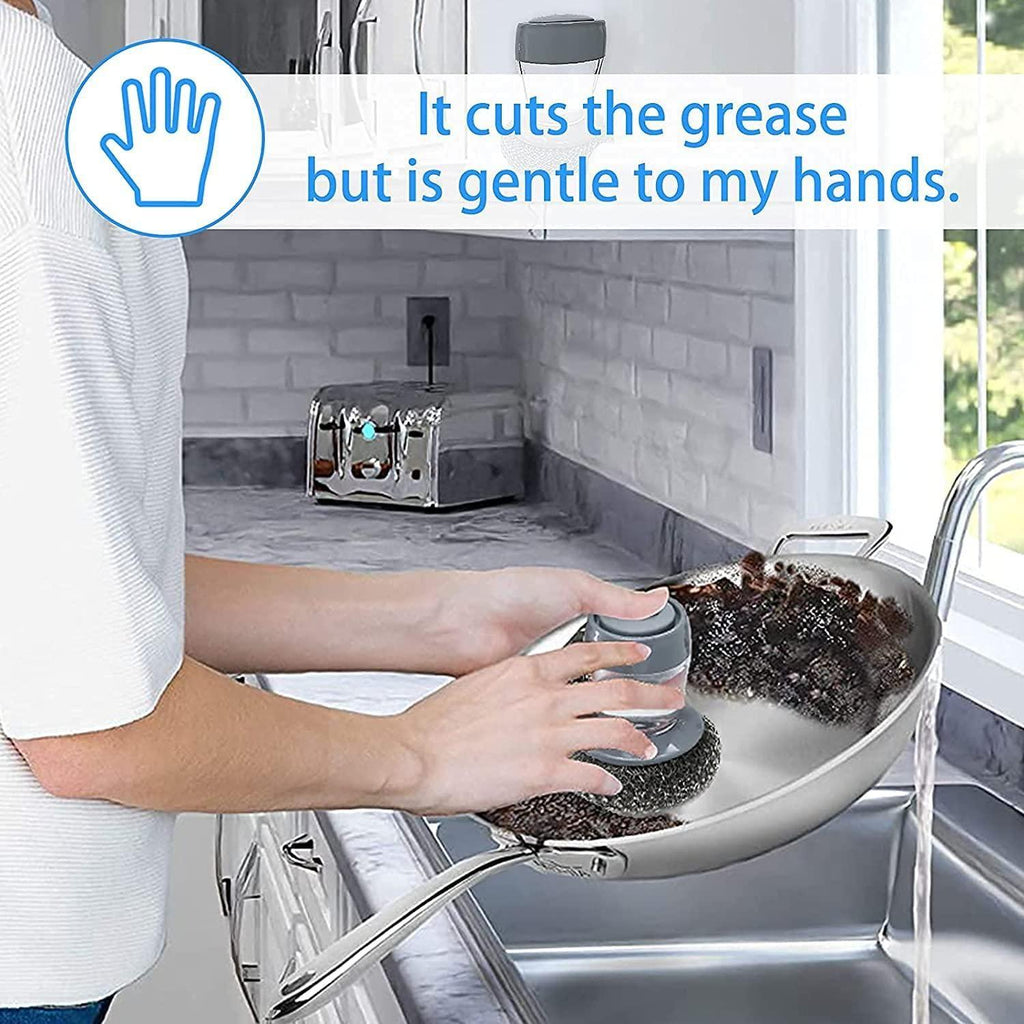 Person cleaning a greasy pan with a scrubber in a kitchen, emphasizing gentle hand care.