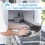 Person cleaning a greasy pan with a scrubber in a kitchen, emphasizing gentle hand care.