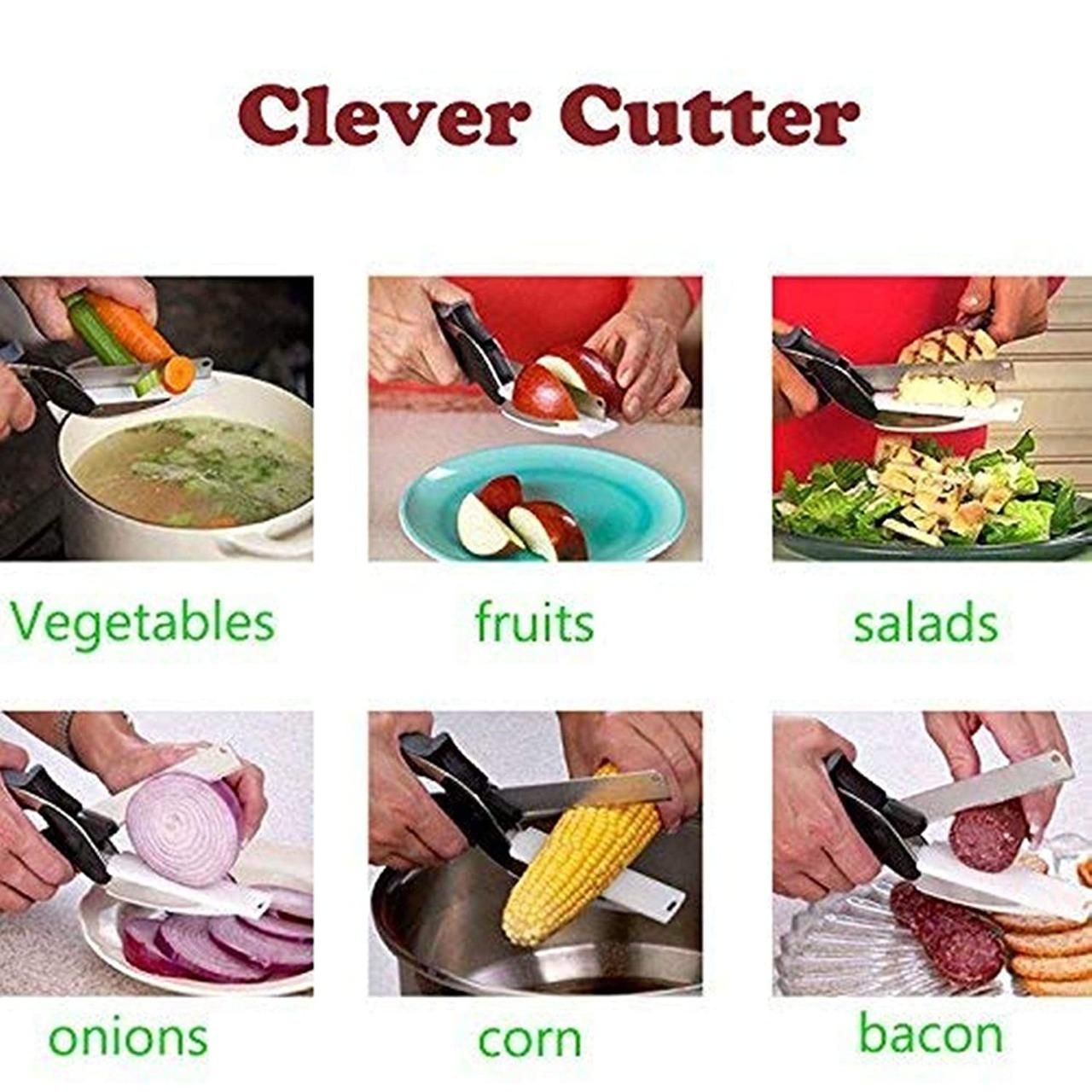 Clever Cutter tool used for various food items with labeled categories.