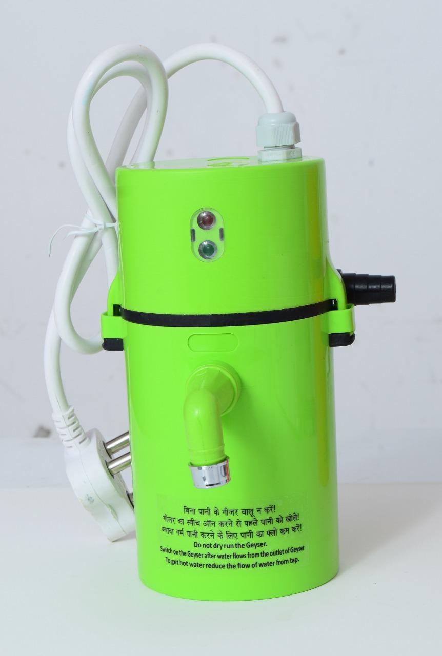 Green electronic device with a power cord on a white background