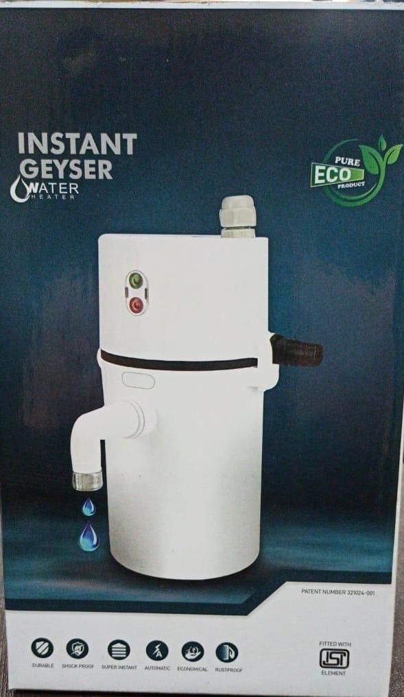 Instant geyser water heater on a blue background with branding and features displayed.