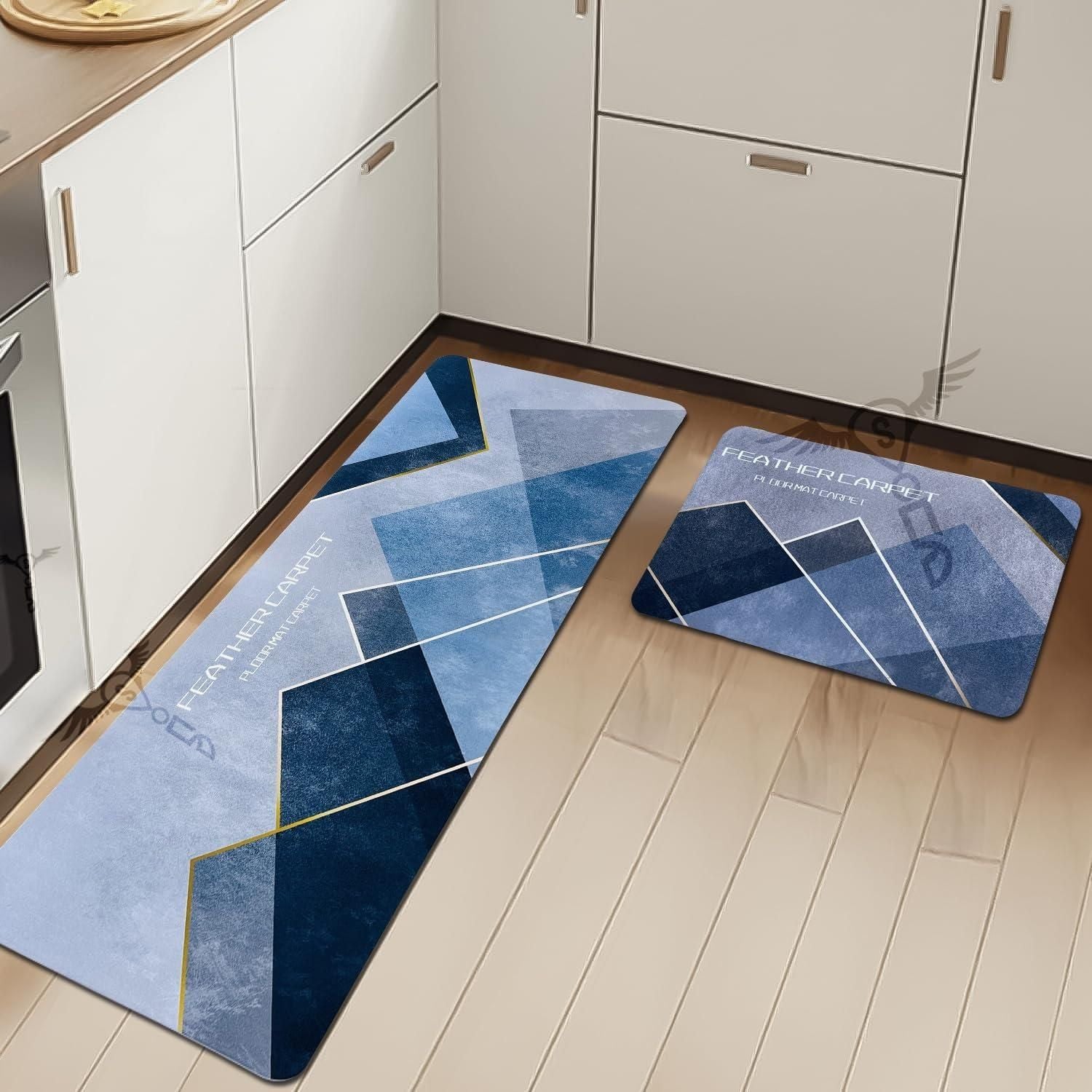 Blue geometric-patterned rug on a wooden floor in a kitchen setting