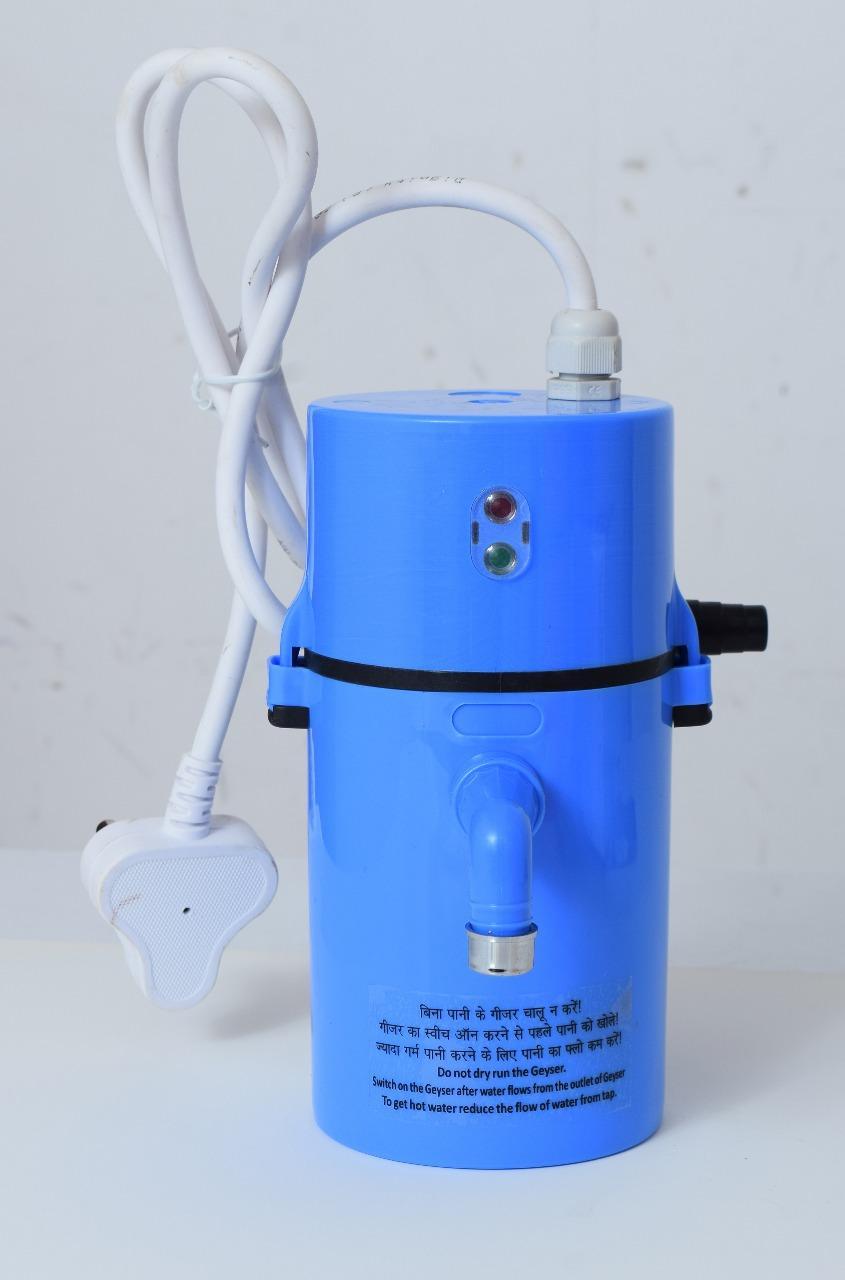 Blue water filter with power cord on a white background