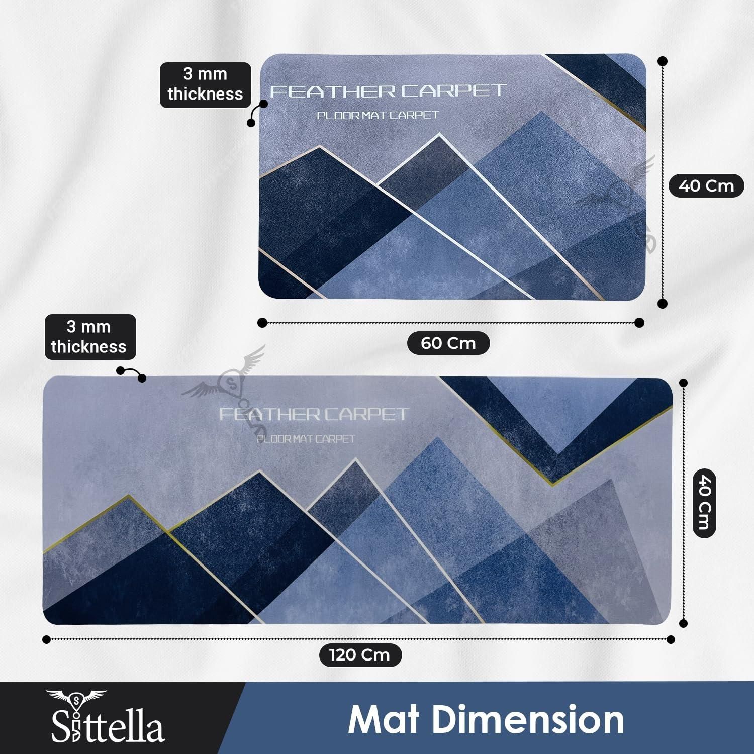 Dimensions of a feather carpet mat with Sittella branding