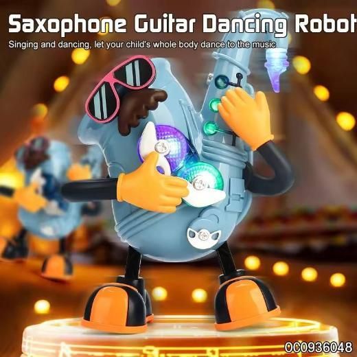 Toy robot with saxophone and guitar, dancing and singing, on a blurred background.