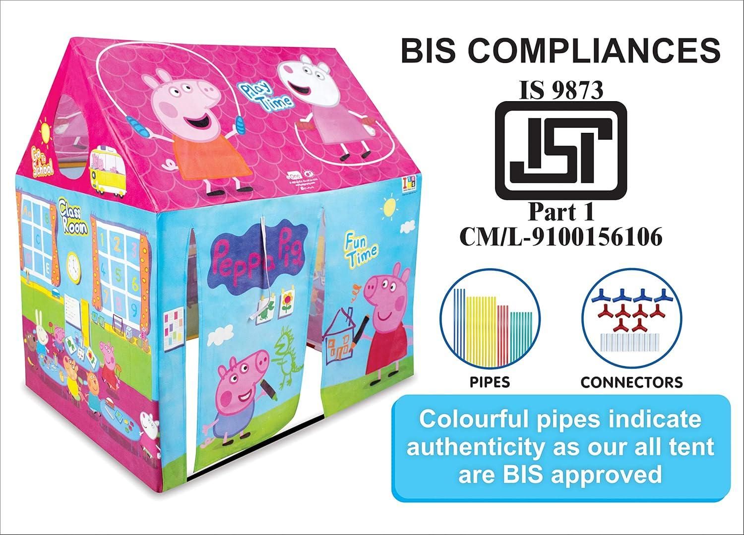Children's play tent with Peppa Pig design, BIS compliance label, and certification details.