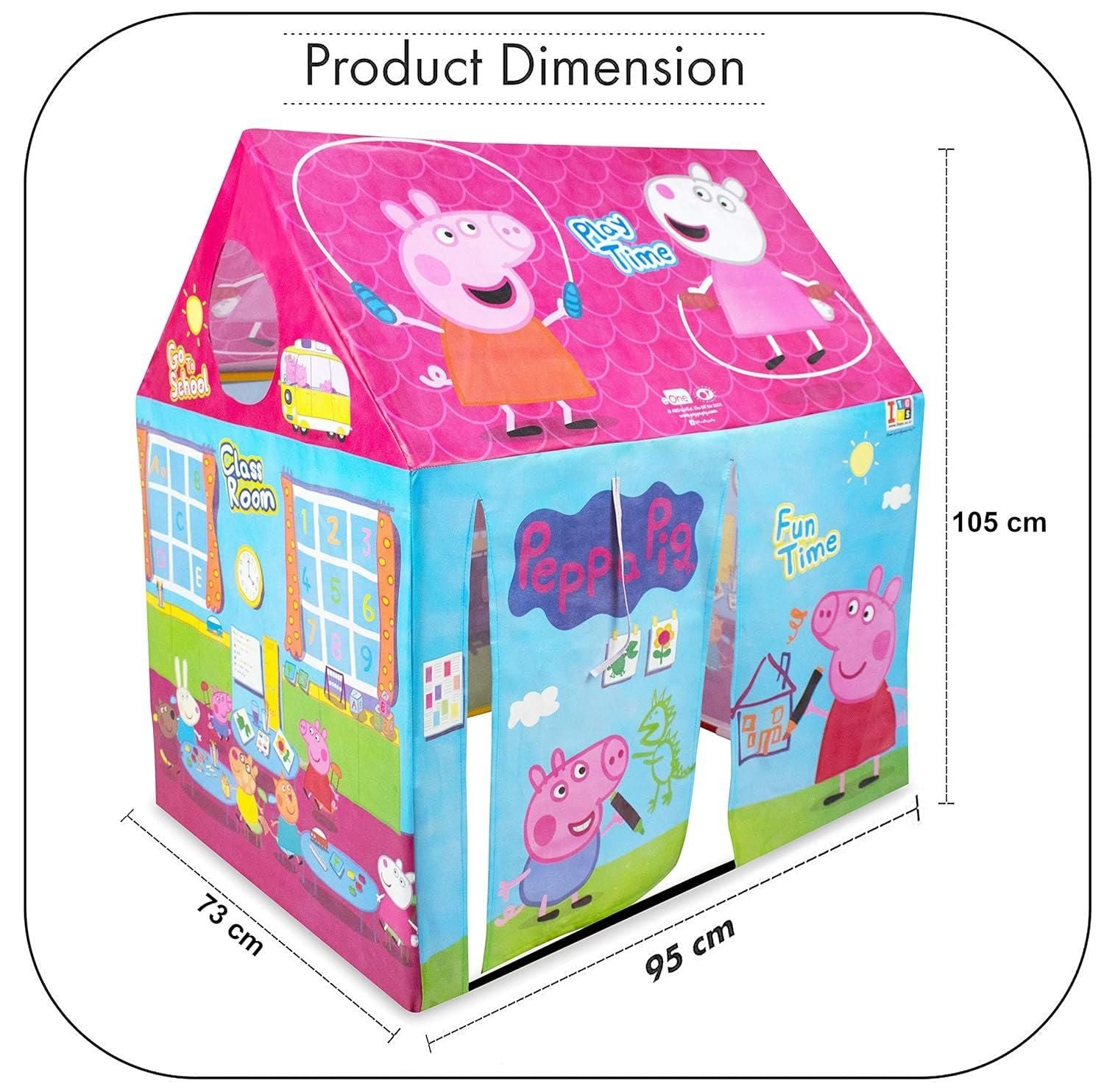 Peppa Pig-themed play tent with dimensions on a white background