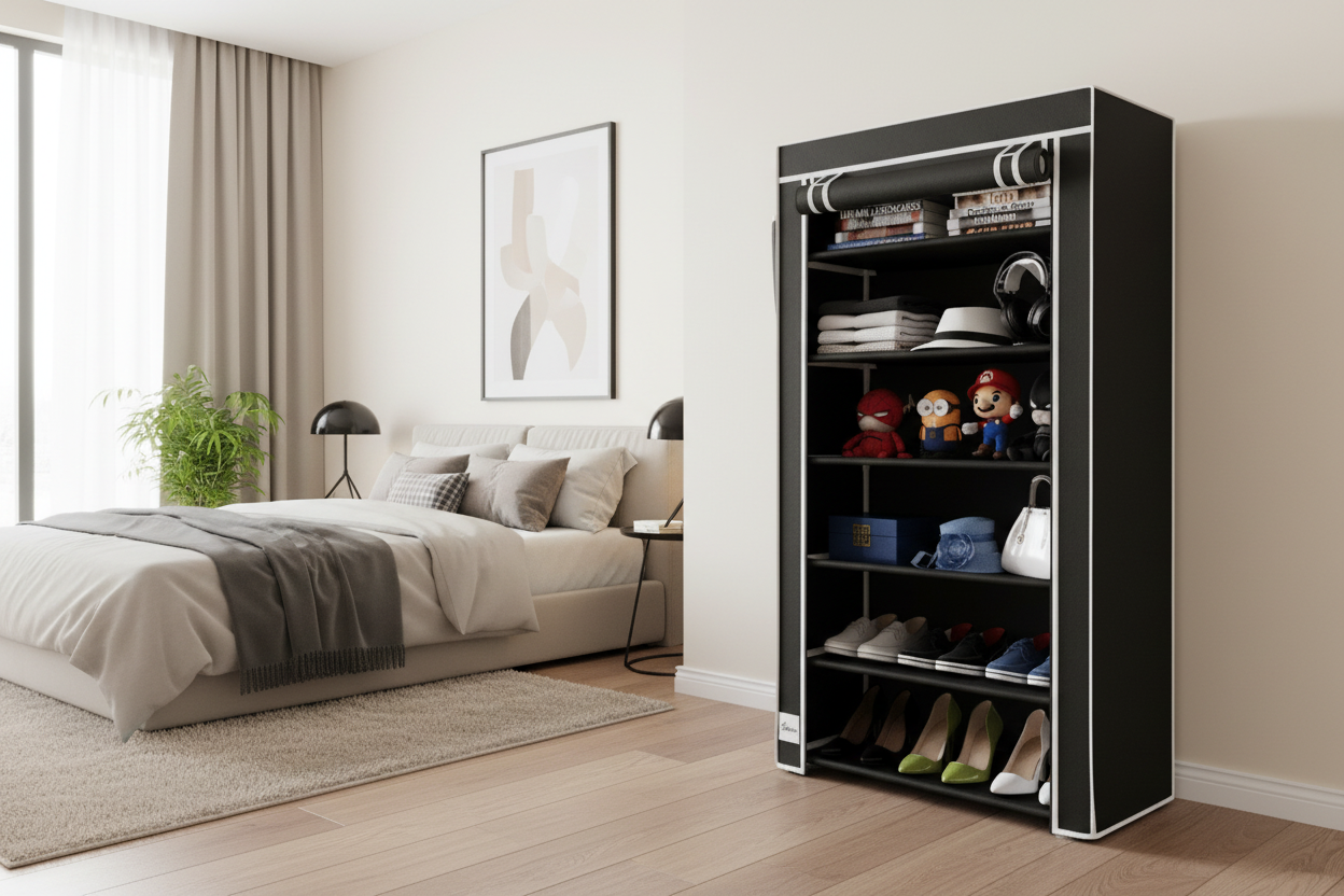 Black shoe cabinet in a bedroom with a bed and decor in the background
