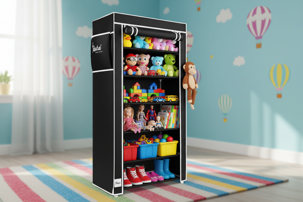 Black storage cabinet with toys in a child's room with colorful decor.