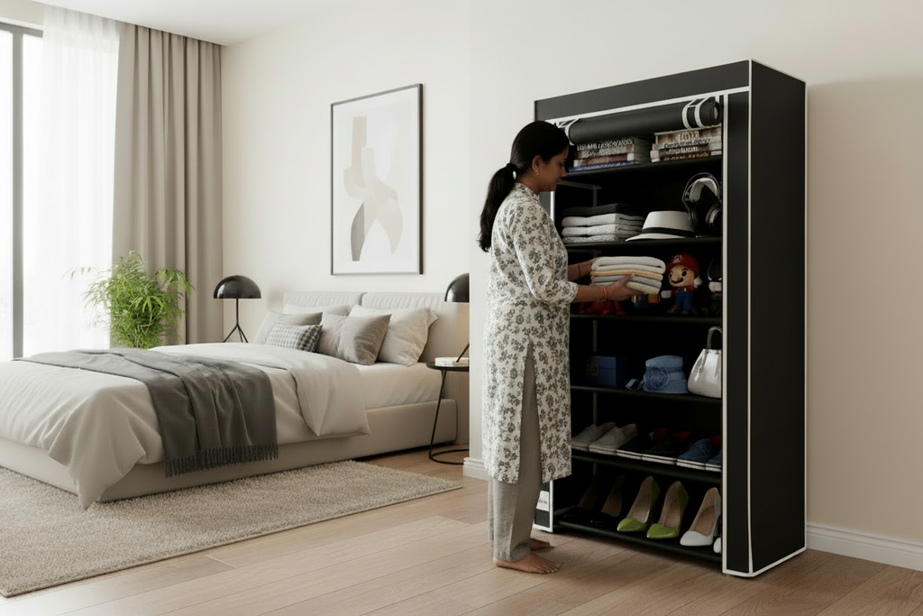 Person organizing items in a black wardrobe in a bedroom.