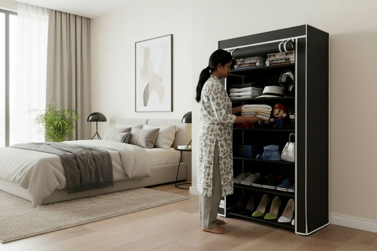 Person organizing items in a black wardrobe in a bedroom.