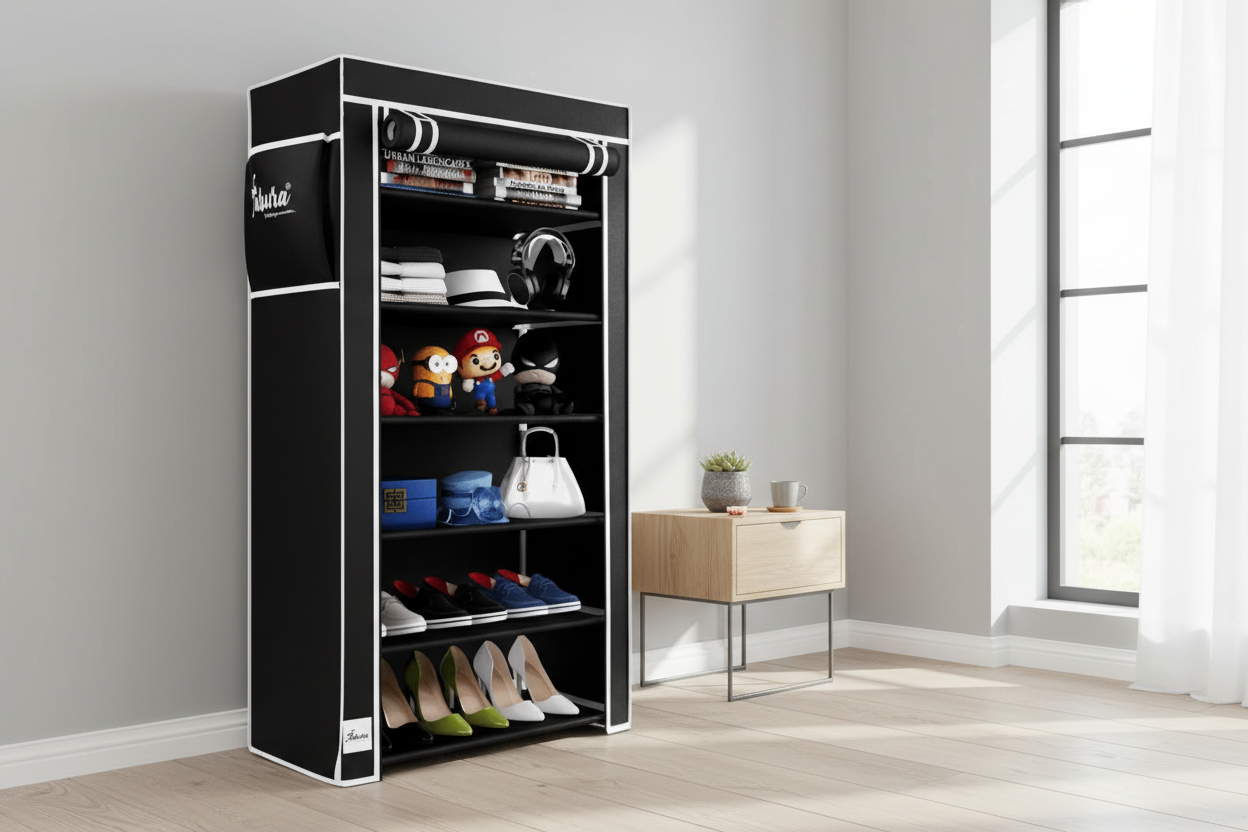 Black shoe cabinet with shoes inside in a room with a window.