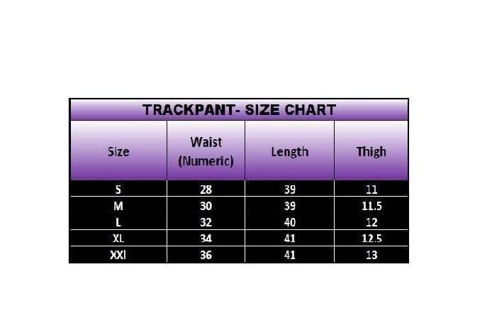 Track pants size chart with measurements on a white background