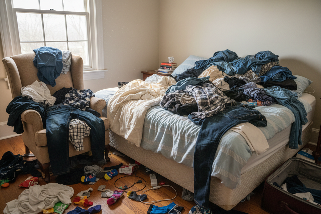 create a messy room with cloths on the bed, on the chair, and on the floor 
